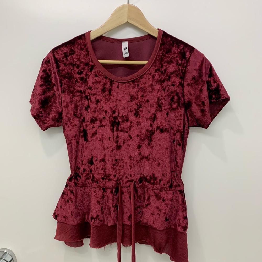 W by Wilt maroon velour top with tie above waist size S